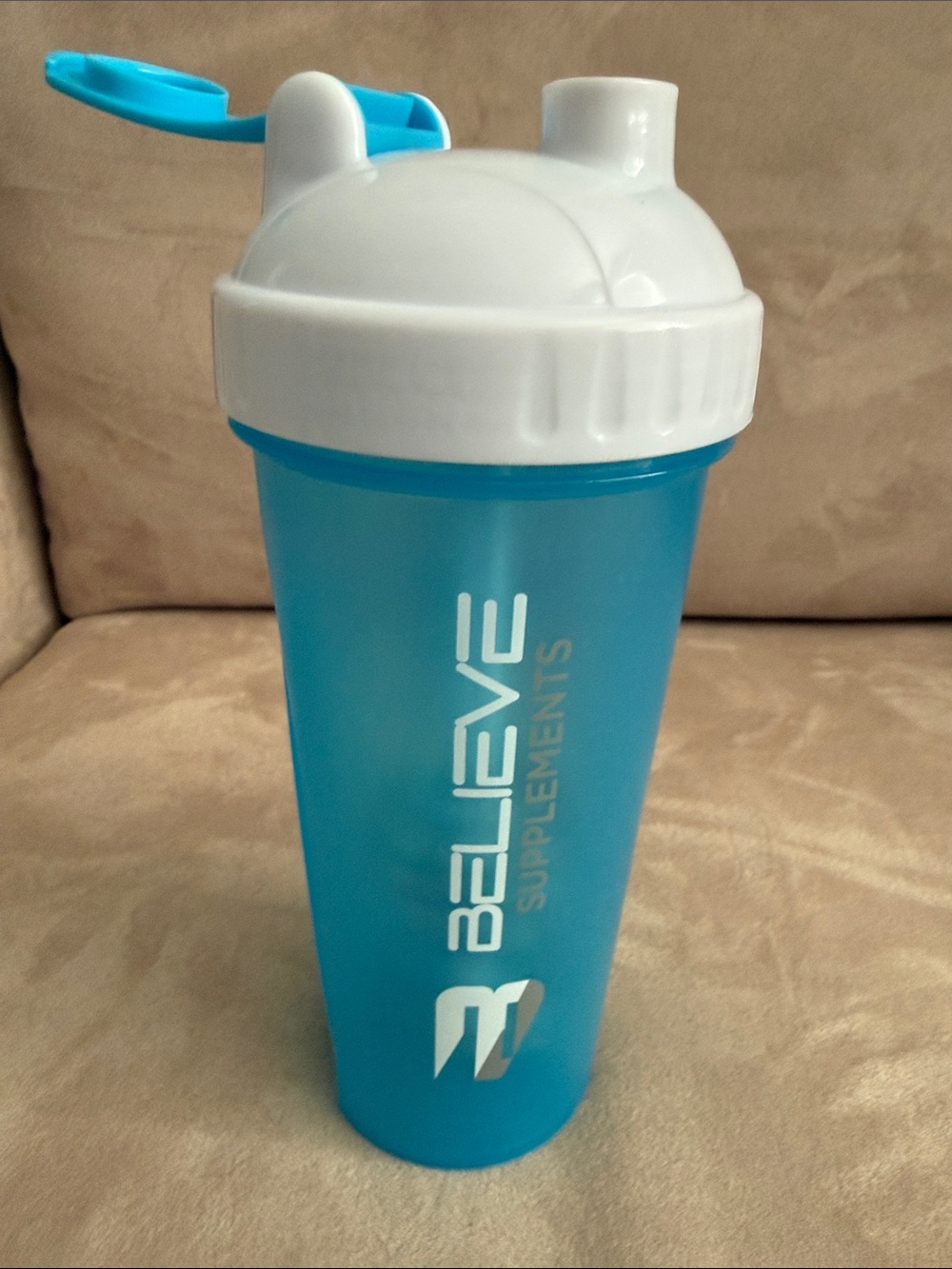 Believe Supplements Blue Protein Shaker Bottle with White Lid